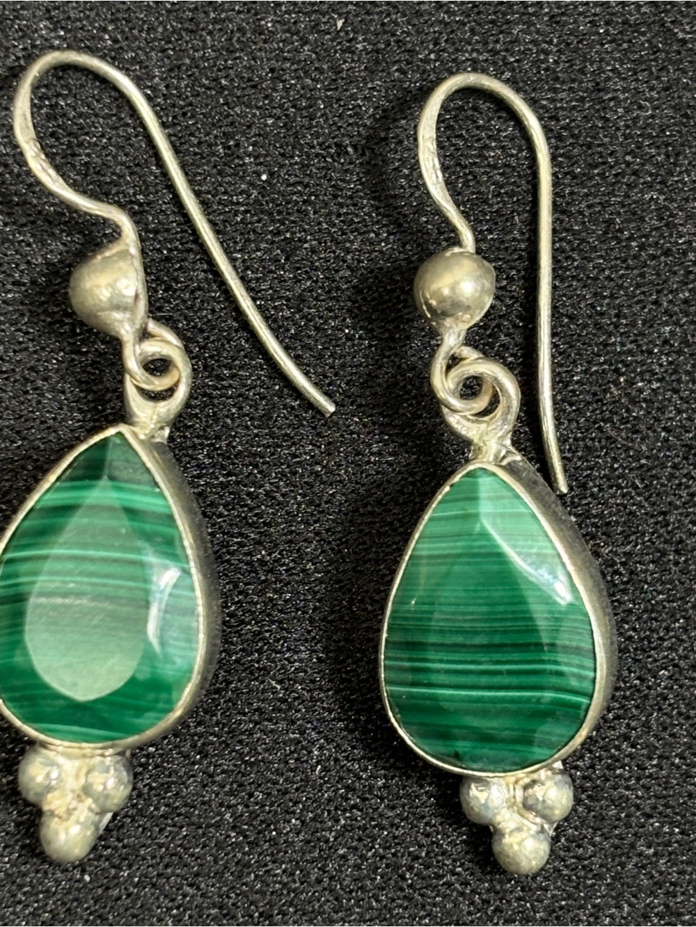 Vintage Malachite Teardrop Earrings 925 Sterling Silver Signed 1-5/8"